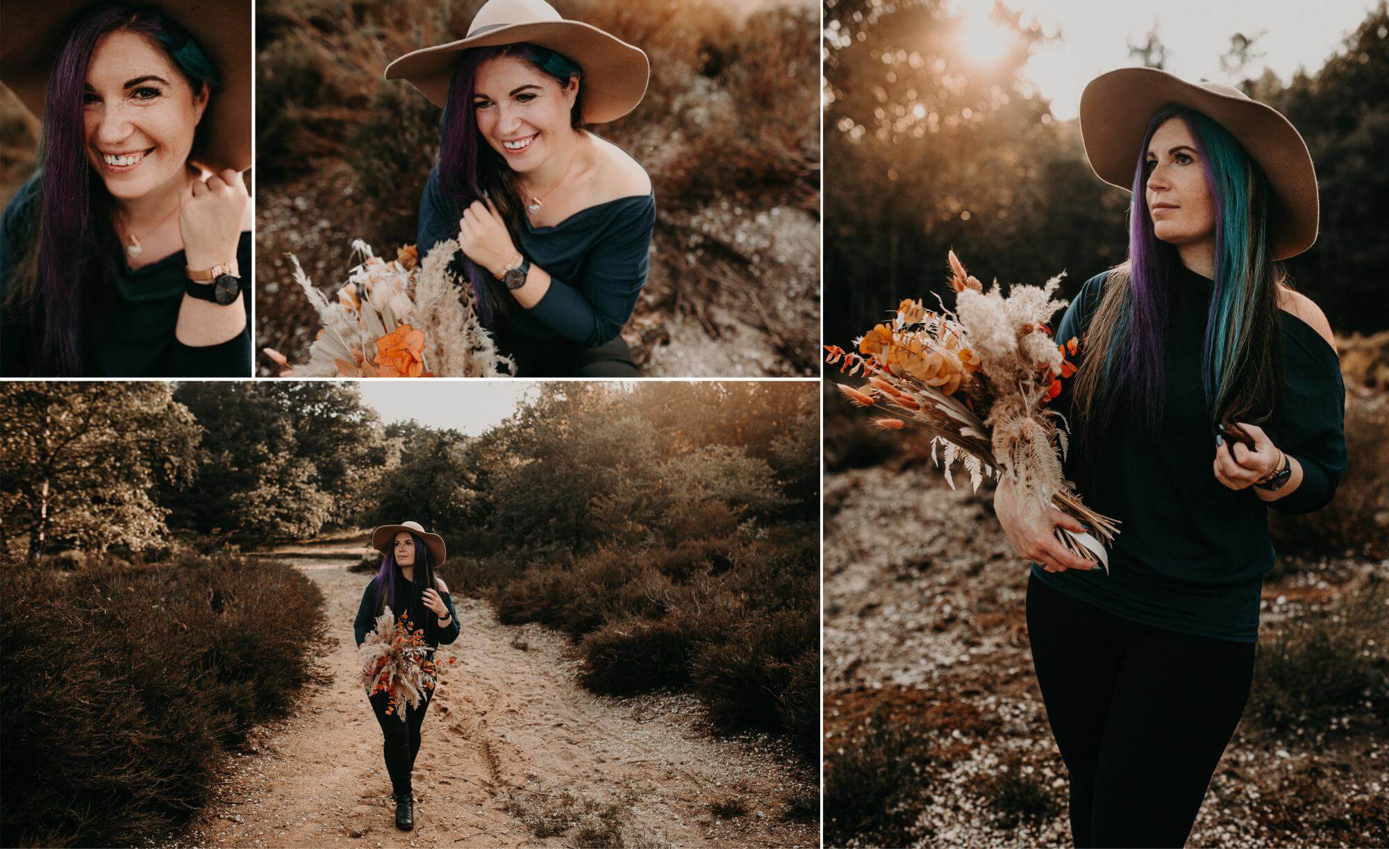Portraits of the wedding photographer Yvonne Lehmann, who poses with a beige hat and loose violet-turquoise long hair and a bouquet of flowers in the heathland.